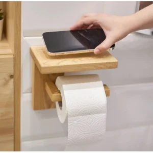 Natural Wood Toilet Paper Holder Shelf for Bathroom Decor